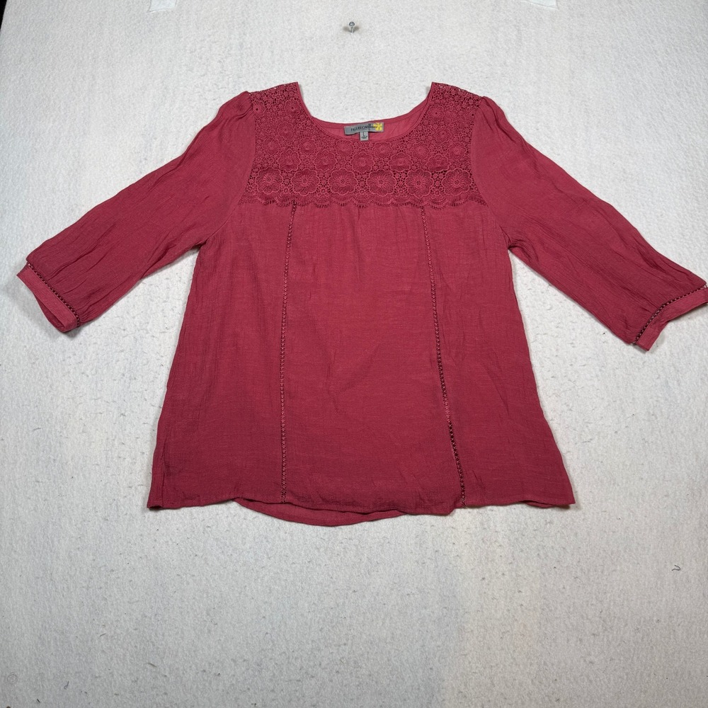 Figueroa & Flower Womens Red Crochet Lace Yoke Boho Blouse Top Size L